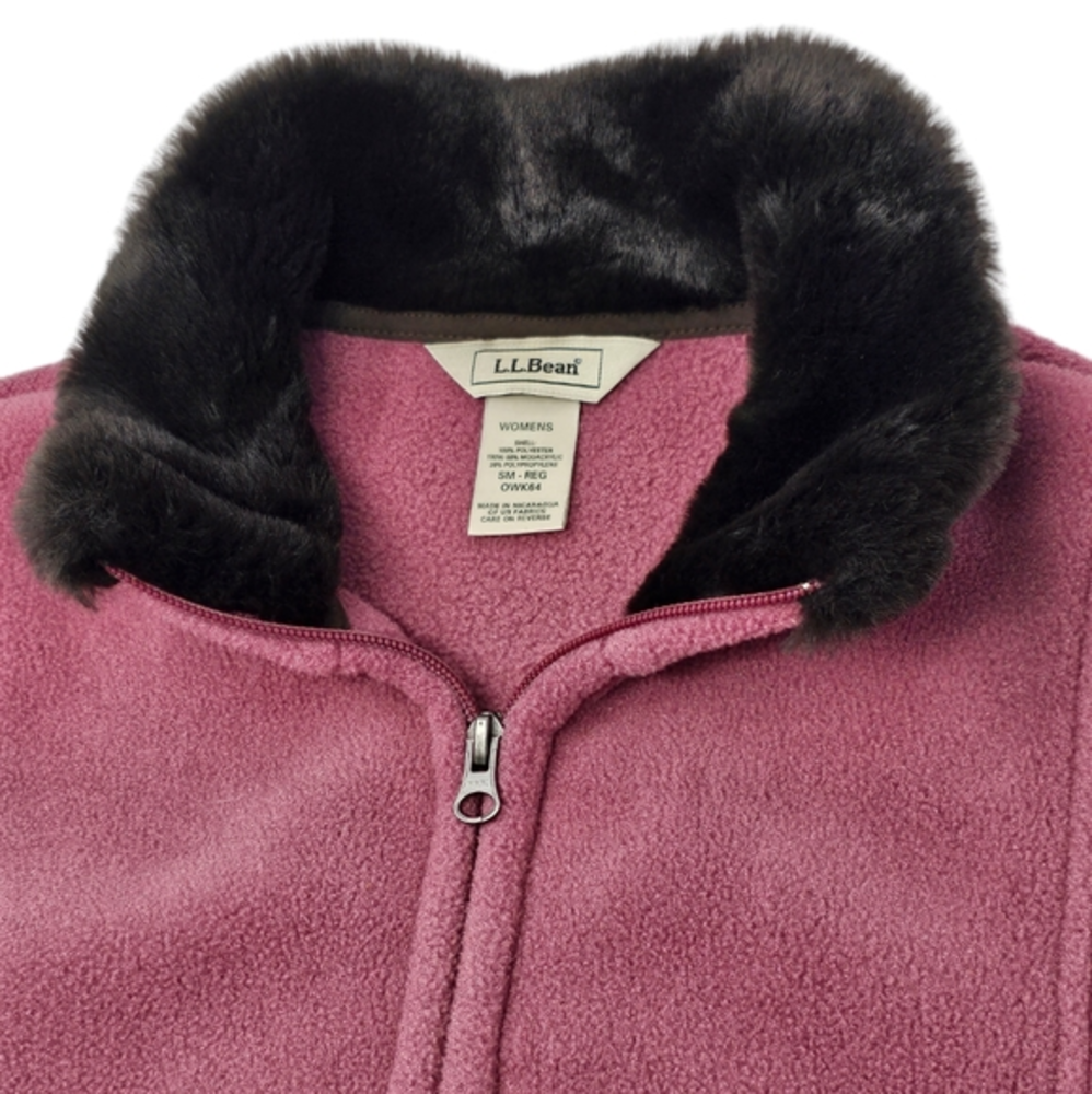 L.L. Bean Women's Small Fleece Vest Pink Faux Fur Collar Full Zip Pockets 0 WK64